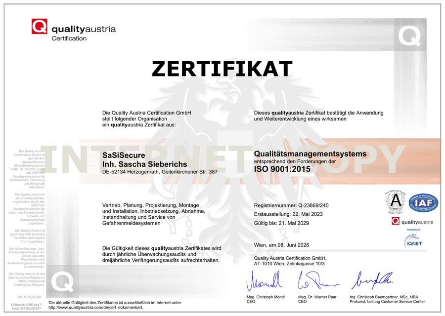 ISO 9001:2015 Zertifikat der Quality Austria für das Qualitätsmanagementsystem von SaSiSecure
